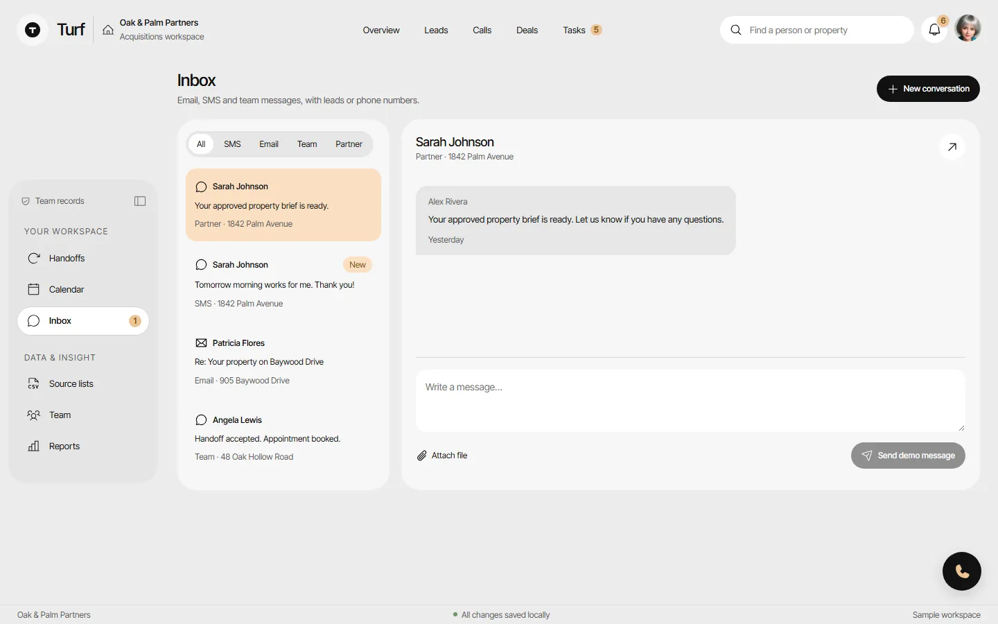 The Inbox with SMS, email and team conversations beside the open thread. Campaign replies will land here.