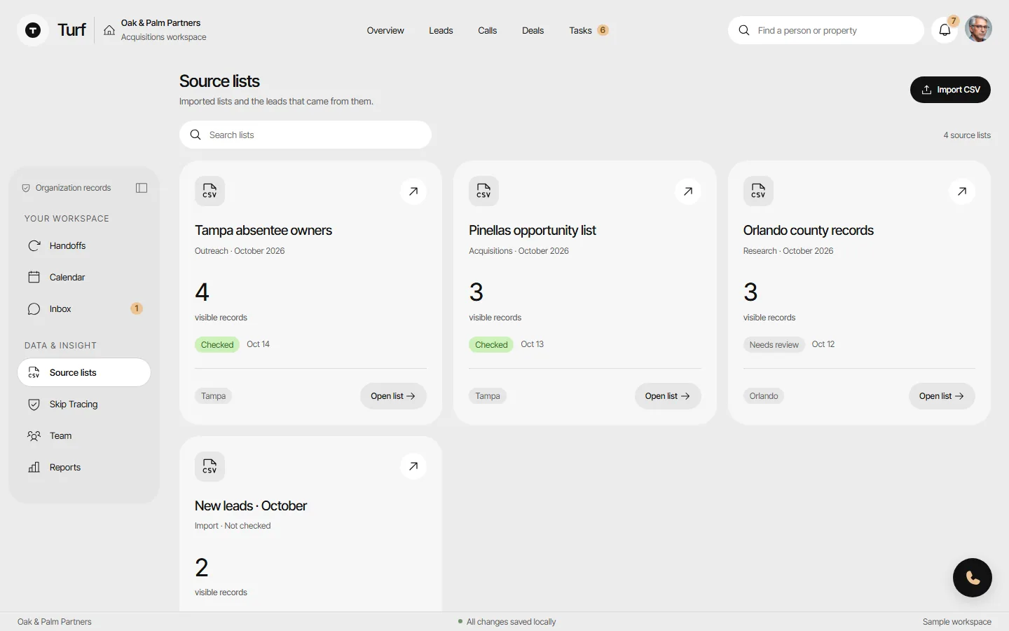The Source lists page with four imported lists, each showing its records and check status.