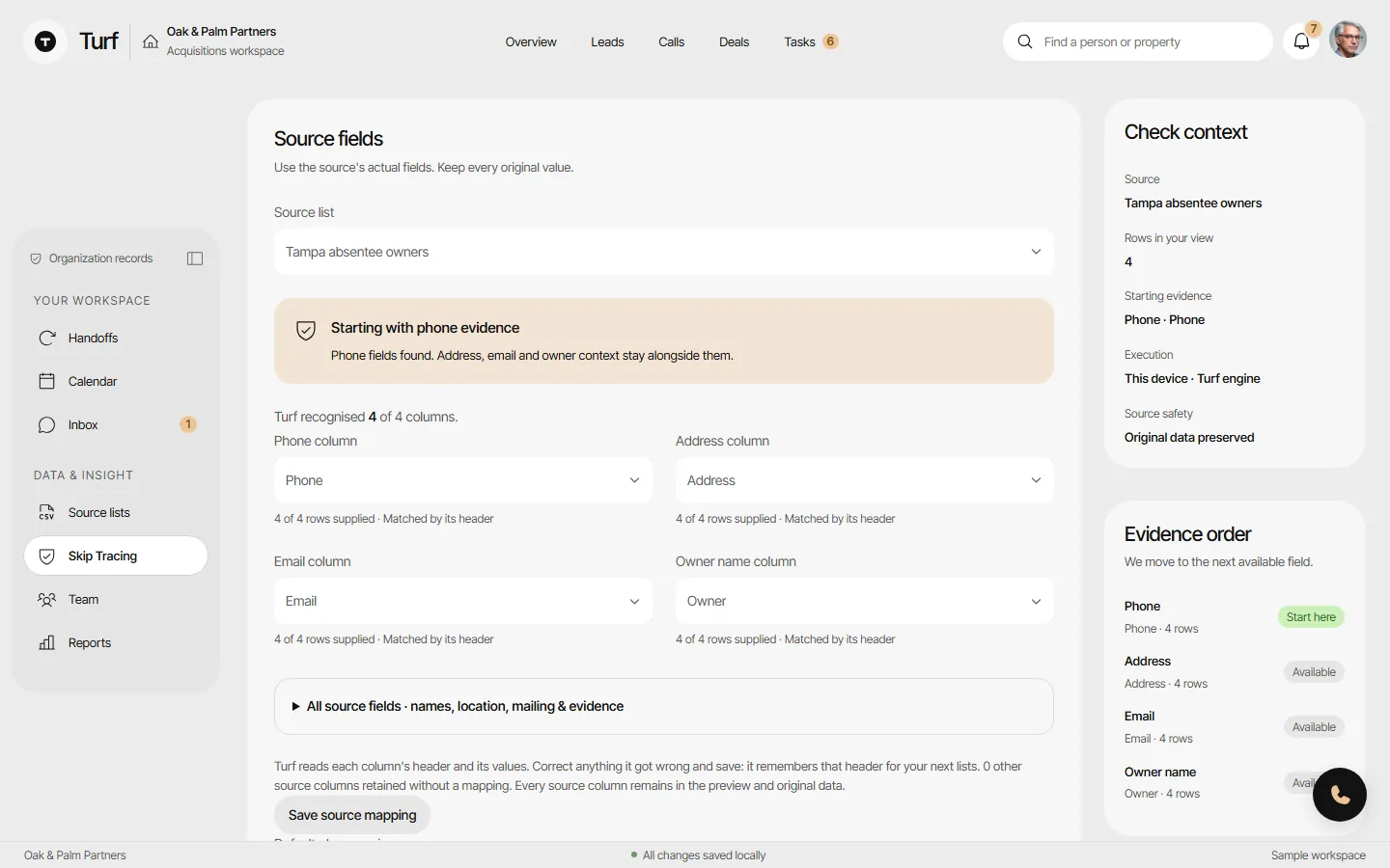The Skip Tracing page showing detected source fields, the evidence order and the check context.
